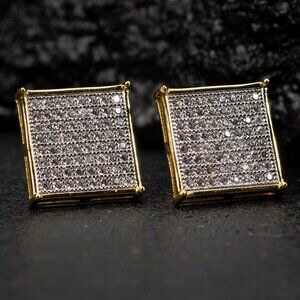 Large Yellow Gold Plated Silver Square Cz Hip Hop Screw Back Stud Earrings